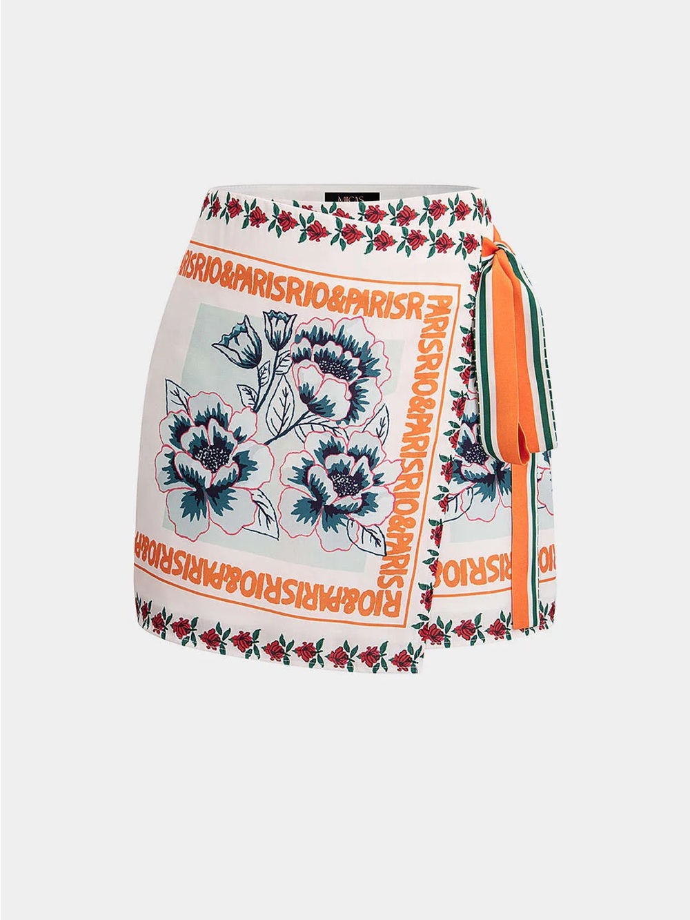 NWT Micas Paris Rio Floral Scarf Print Wrap Mini Skirt Cream Orange S